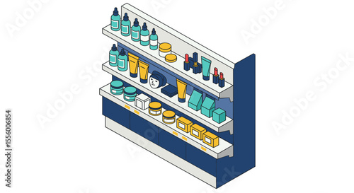 Isometric vector illustration of cosmetic store shelf for design and print