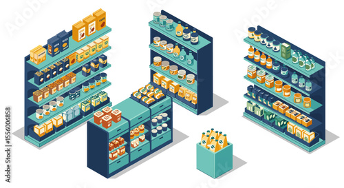 Isometric grocery store vector illustration for market design and product display