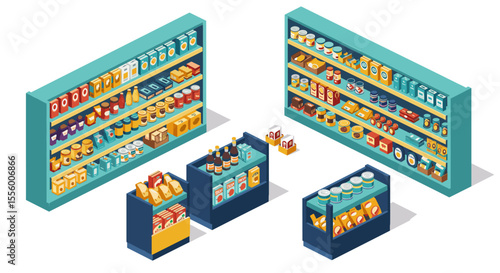 Supermarket aisle shopping scene vector illustration for retail design in isometric flat style