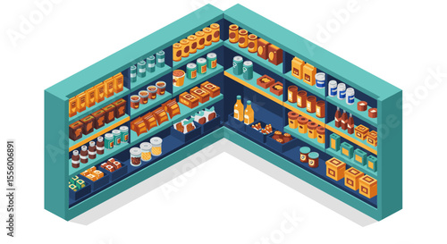 Isometric grocery store shelves vector illustration for marketing and design
