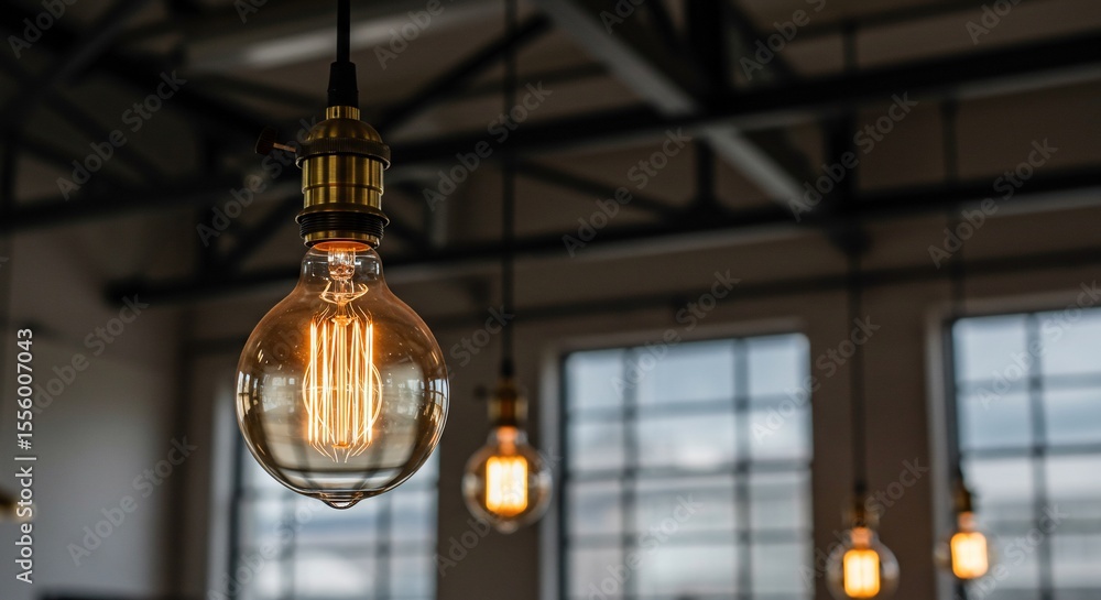Obraz premium Warm Glowing Filament Bulb Hanging with Other Lights in a Room