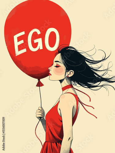 Egocentric symbol of the cult of personality, woman piercing a balloon with the word ego on it, too much proud of yourself or overconfident