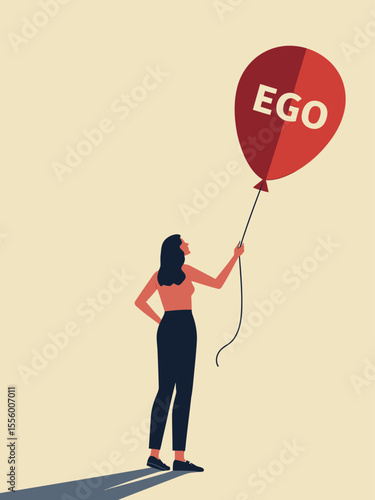 Egocentric symbol of the cult of personality, woman piercing a balloon with the word ego on it, too much proud of yourself or overconfident