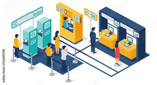 Isometric vector illustration of modern bank services and self-service kiosks for financial design