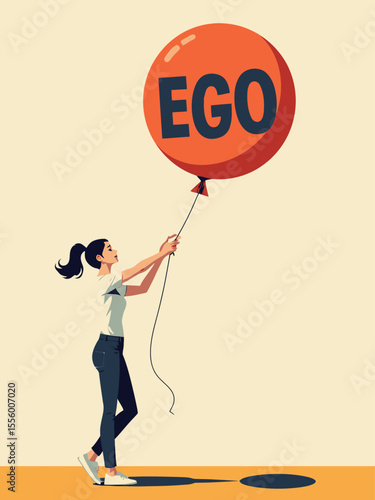 Egocentric symbol of the cult of personality, woman piercing a balloon with the word ego on it, too much proud of yourself or overconfident