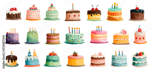 Watercolor birthday cakes set. Chocolate strawberry cream desserts. Kids party decoration vector