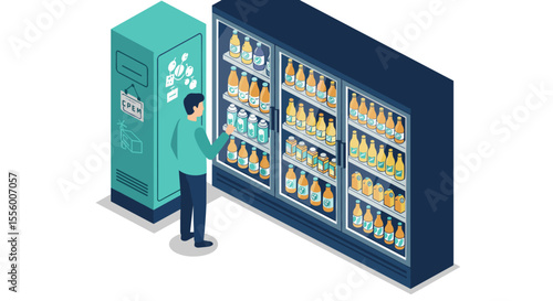Supermarket shopping vector illustration: beverage aisle in isometric design for print and poster