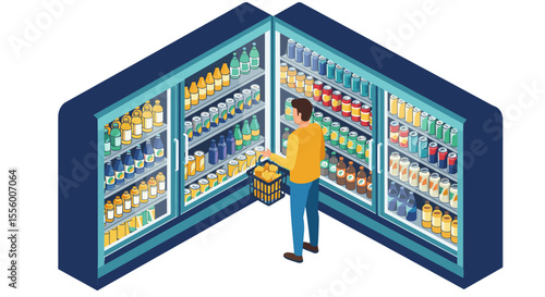 Isometric grocery shopping vector illustration of man selecting beverages in supermarket for poster design