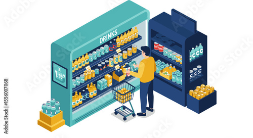 Isometric supermarket shopping vector illustration - beverage selection