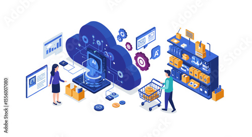 E-commerce and cloud technology vector illustration - flat isometric style for digital marketing and online shopping concepts