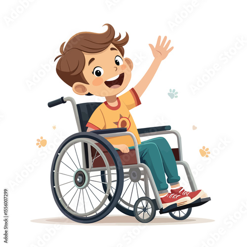 Smiling Child in Wheelchair:  A cheerful boy with a bright smile waves enthusiastically from his wheelchair. The illustration conveys a sense of happiness and inclusivity.