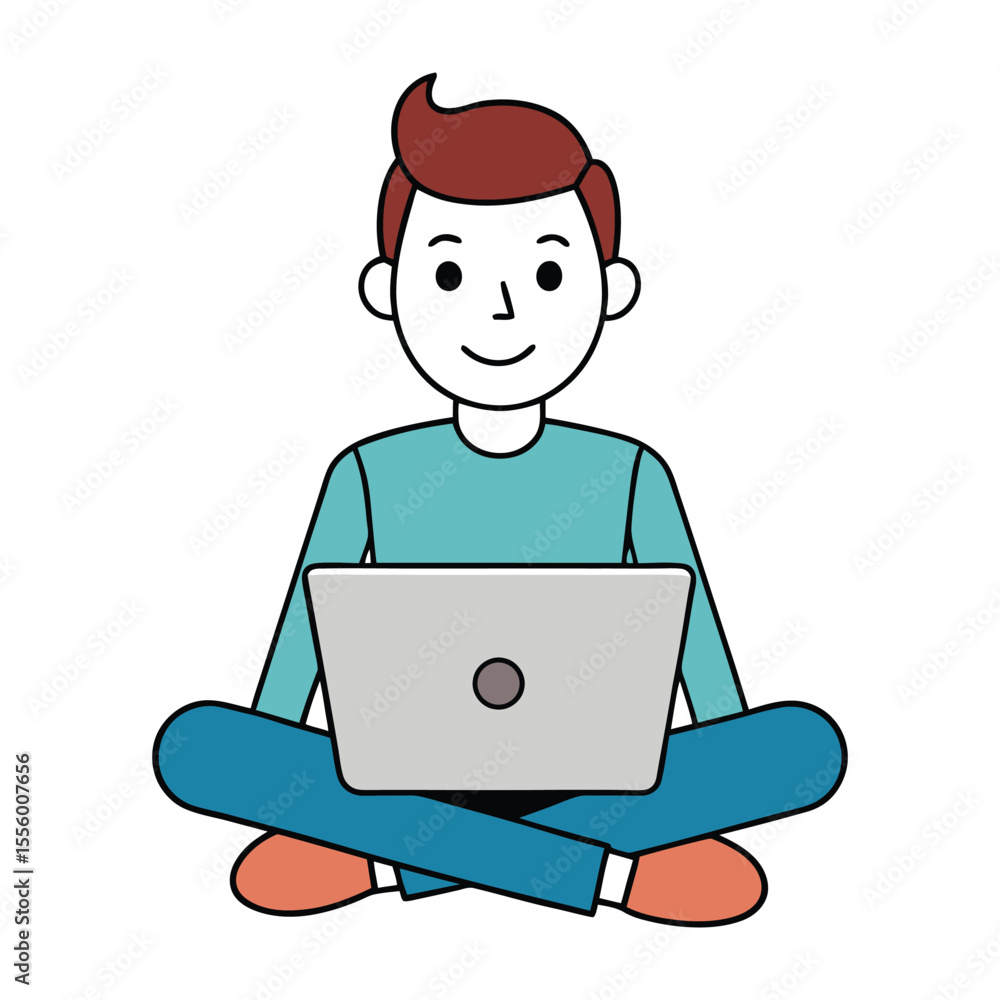 Man Using Laptop: A cartoon man sits cross-legged, focused on his laptop, symbolizing remote work and tech-savvy lifestyle. Man Using Laptop: A cartoon man sits cross-legged, focused on his laptop, symbolizing remote work and tech-savvy lifestyle.