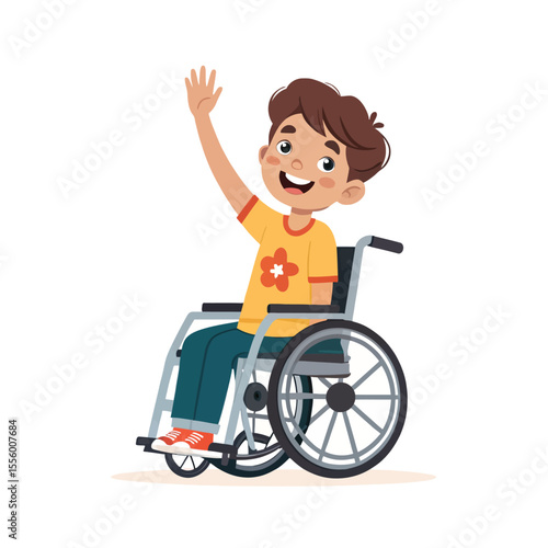 Happy Child in Wheelchair: A cheerful child with a beaming smile waves from a wheelchair in this uplifting illustration, showcasing resilience and inclusivity.