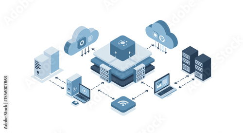 Cloud computing network diagram vector illustration in flat isometric style for tech design