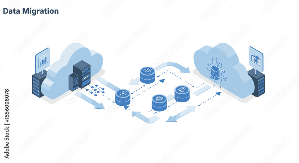 Data migration cloud concept vector illustration for technology poster in isometric style