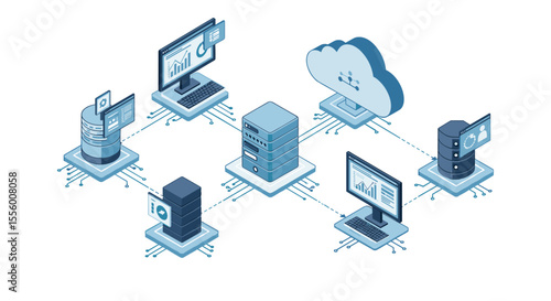Isometric server network vector illustration for cloud computing and data management design