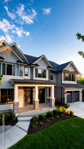 New luxury two-story home with attached garage, landscaped lawn, sidewalk and blue sky with clouds on a sunny day in a suburban neighborhood.