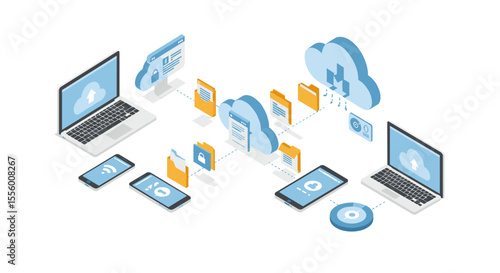 Cloud computing and data transfer vector illustration in isometric style for tech posters