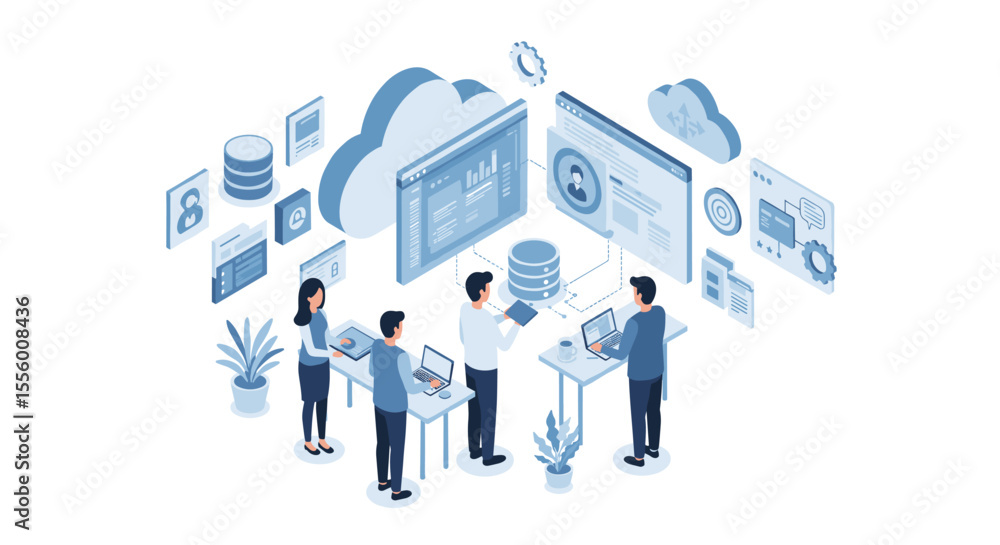 Fototapeta premium Isometric cloud computing concept vector illustration for technology design