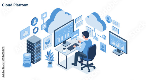 Isometric vector illustration of cloud computing platform for business and technology design