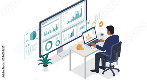 Business analytics office setup vector illustration for modern workplace design in isometric style