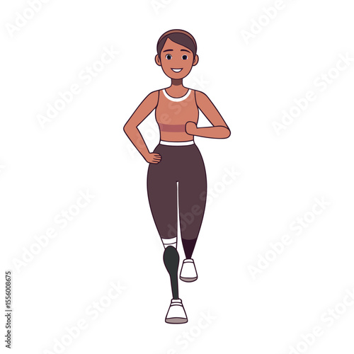 Empowered Athlete: A determined woman with a prosthetic leg strides confidently forward, embodying resilience and triumph over adversity, against a clean, minimalist background.