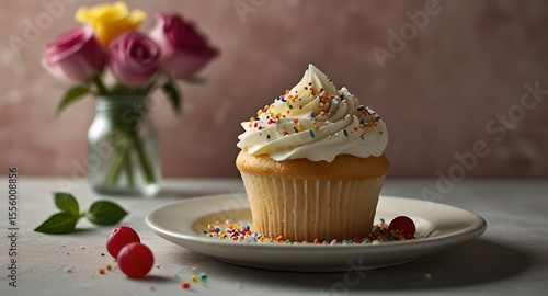 A hyper-realistic vanilla cupcake with sprinkles, artfully arranged on a plate, showcasing its freshness and gourmet appeal. 