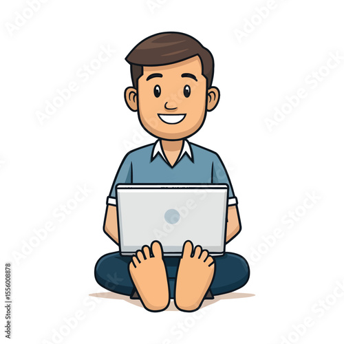 Remote work: A man, absorbed in his work, sits on the floor, a laptop nestled in his lap, fully immersed in his tasks.