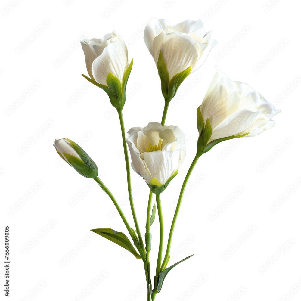 Fototapeta premium Elegant bouquet of four creamy white lisianthus flowers with green stems and buds. background removed