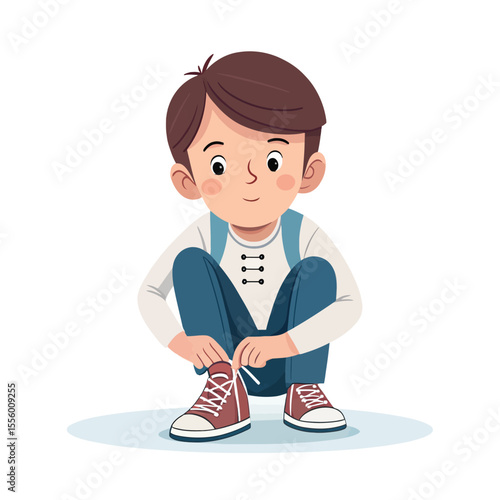 Boy tying shoelaces: A charming young boy with a cheerful expression is meticulously tying the laces on his sneakers, a testament to everyday routines and preparations.