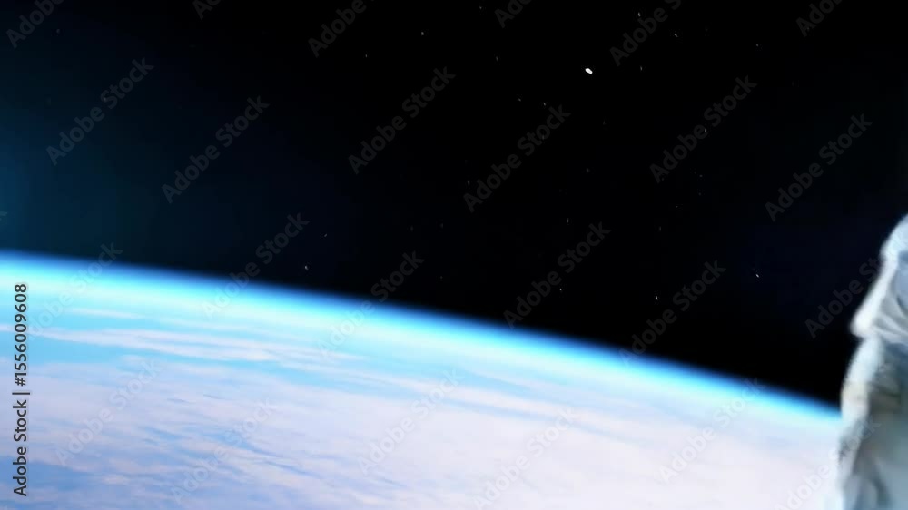 Close up shot of an astronaut in a white spacesuit floating in the darkness of outer space with earth visible below and the US flag on the arm.