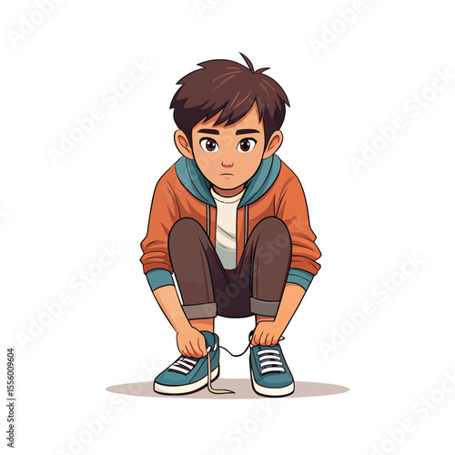 Young Boy Tying Shoelaces: A youthful boy is seen tying his shoelaces, capturing a moment of everyday life, showcasing his focus and simple tasks.