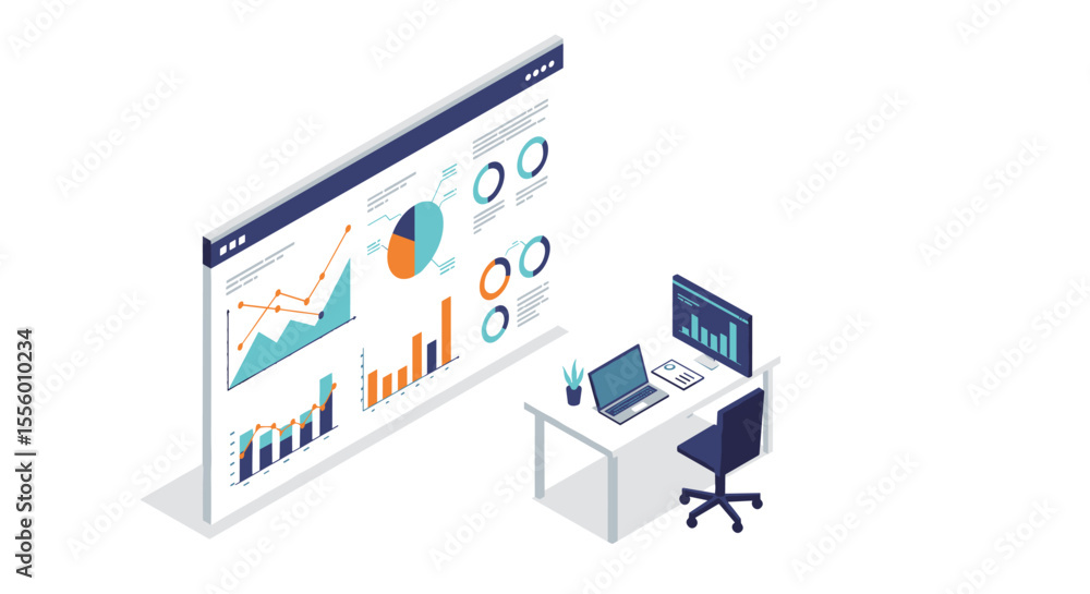 Isometric office workspace with data visualization vector illustration for business analytics design Isometric office workspace with data visualization vector illustration for business analytics design