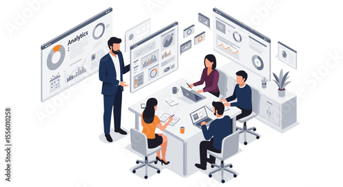 Business meeting in modern office - isometric vector illustration for analytics and team collaboration design