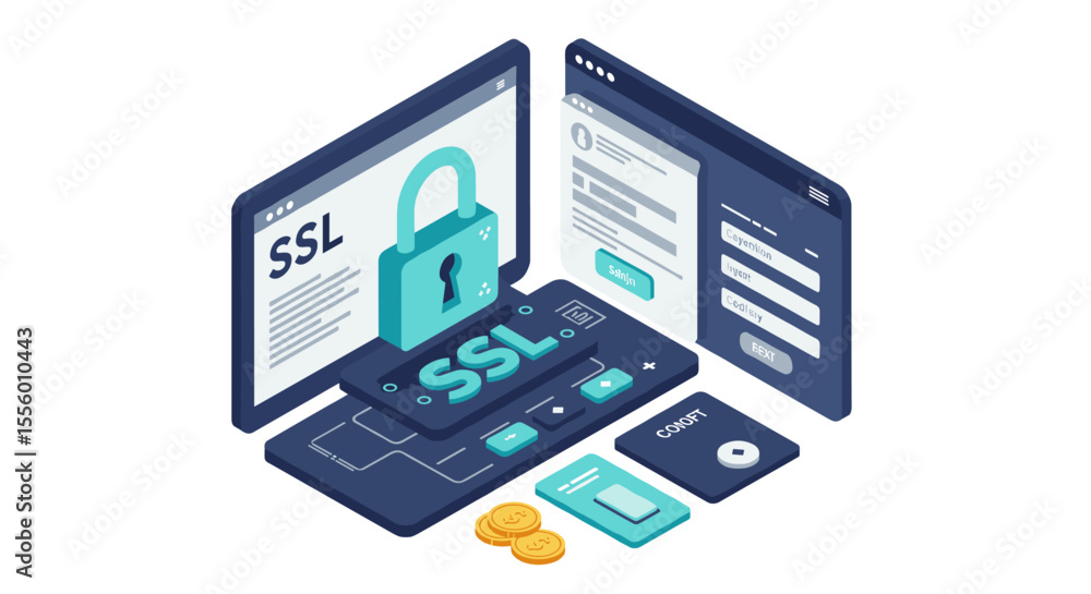 Ssl security concept vector illustration: 3d style design for digital protection and online safety Ssl security concept vector illustration: 3d style design for digital protection and online safety