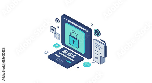 Isometric vector illustration of ssl encryption in web security design