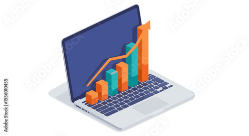 Isometric bar graph on laptop screen vector illustration for financial growth analysis