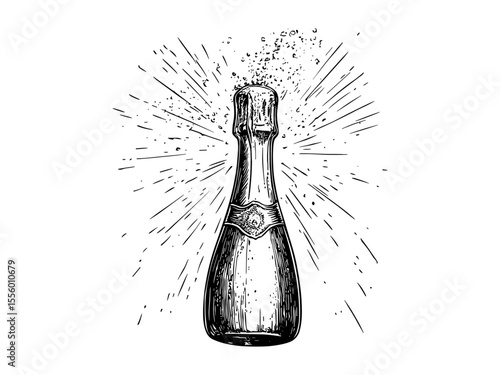 Vintage New Year celebration, champagne cork pop, hand-drawn sketch style, festive engraving, trendy black decor motif, old style artwork, party illustration, holiday toast scene,
