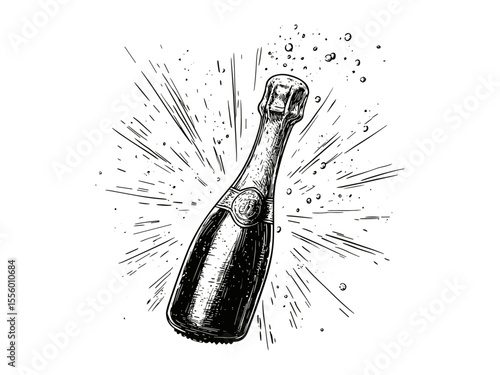 Champagne cork popping New Year moment, vintage engraving sketch, festive party decor, hand-drawn seasonal celebration, black sketch, trendy motif, retro holiday illustration, fireworks,