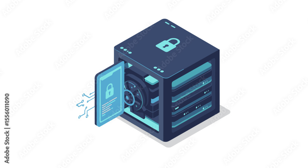 Fototapeta premium Secure server technology vector illustration for digital security and data management in isometric style