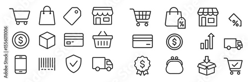 Collection of shopping and payment icons representing various retail and transaction activities in a modern marketplace