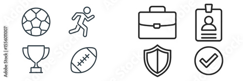 Collection of sports and work-related icons including soccer, running, and professional items in simple design