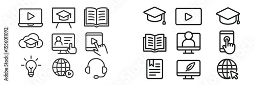 Educational icons illustrating online learning tools for students in a digital classroom environment