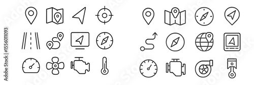 Collection of travel and navigation icons featuring maps, compasses, and directional symbols in simplistic design