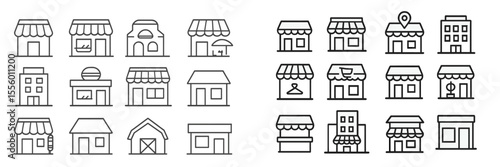 Simple line art representations of various building types and storefronts in a black and white layout