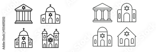 Illustrations of various architectural styles featuring religious motifs and designs of synagogues
