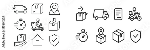 Delivery icons showcasing various transportation and package tracking elements related to shipping and logistics