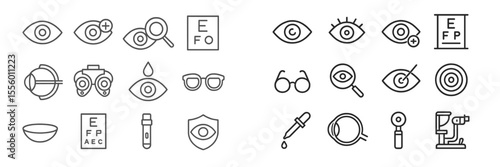 Collection of simple line icons representing vision concepts and eye care essentials on a minimalistic background