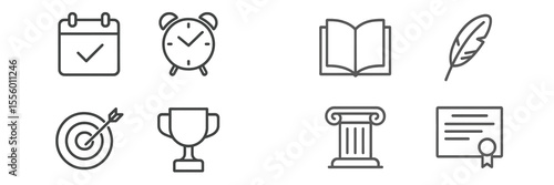 Useful icons representing time management, learning, achievement, and documentation for educational or organizational purposes