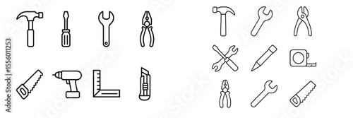 Variety of tools for home improvement displayed in outlined design suitable for DIY projects and workshops